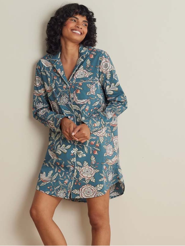 The Company Store Cotton Printed Poplin Women's Nightshirt - Birds & Flowers